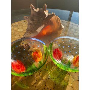 Hand Painted Tulip Fused Glass Bowls with embellished Dots /Set 2